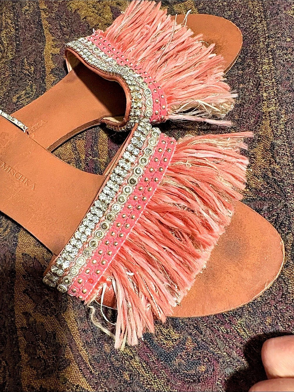 Badgley Mischka Fringe Embellished Sandals in Pink & Brown